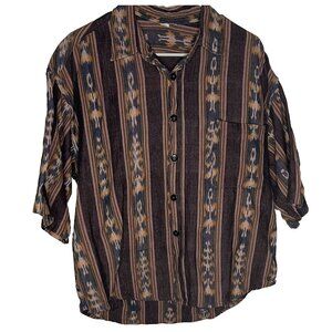 Vtg Men's XL Button Down Shirt Hand Woven Guatemala Cotton Tribal Stripe Browns
